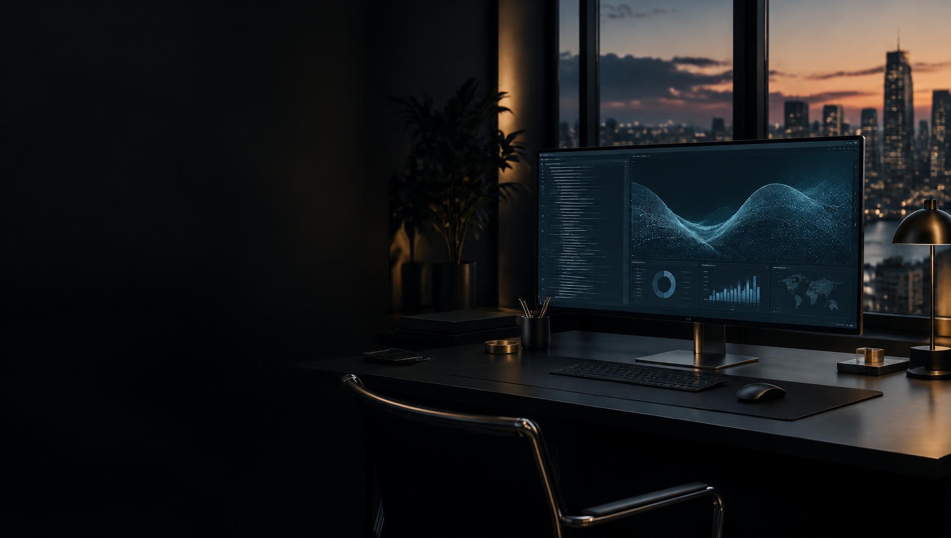 Modern software workspace with an analytics display